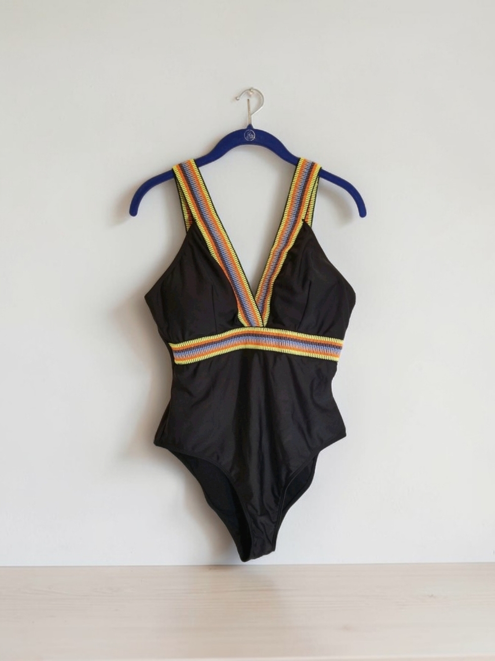 Shein Curve Black One-Piece Swimsuit with Colorful Striped Trim - Picture 1 of 11